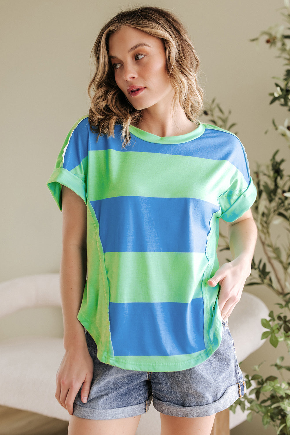 Blue Colorblock Rounded Hem Loose T Shirt