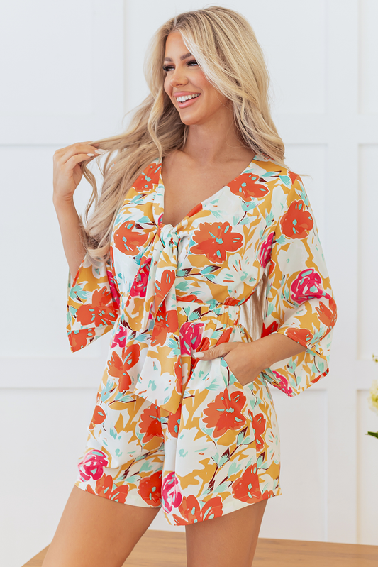 Orange Blooming Floral Print Front Tie Romper