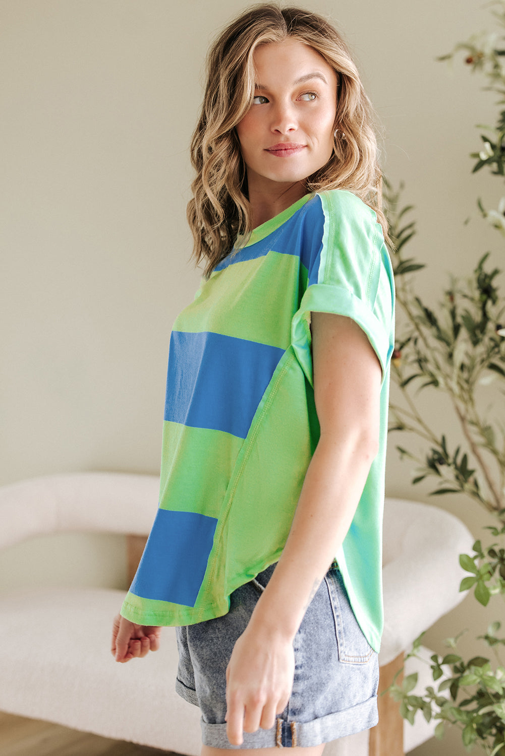 Blue Colorblock Rounded Hem Loose T Shirt