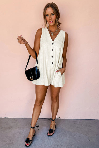 Beige Sleeveless V Neck Buttoned Front Chest Pocket Romper