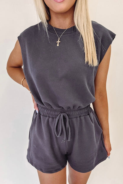 Bristol Black Knit Open Back Cap Sleeve Drawstring Romper