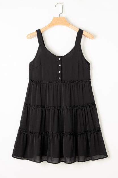 Black Button V Neck Frilly Tiered Sleeveless Dress