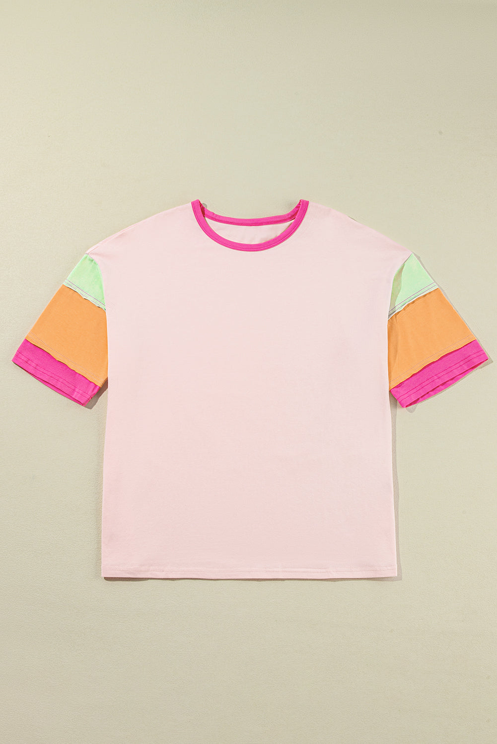 Pink Color Block Stitching Sleeve Round Neck Oversize Top