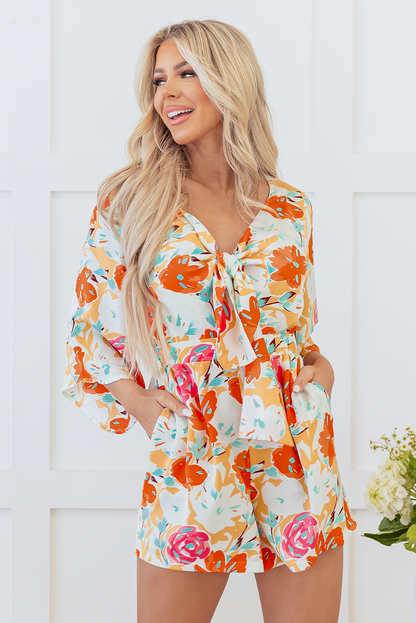 Orange Blooming Floral Print Front Tie Romper