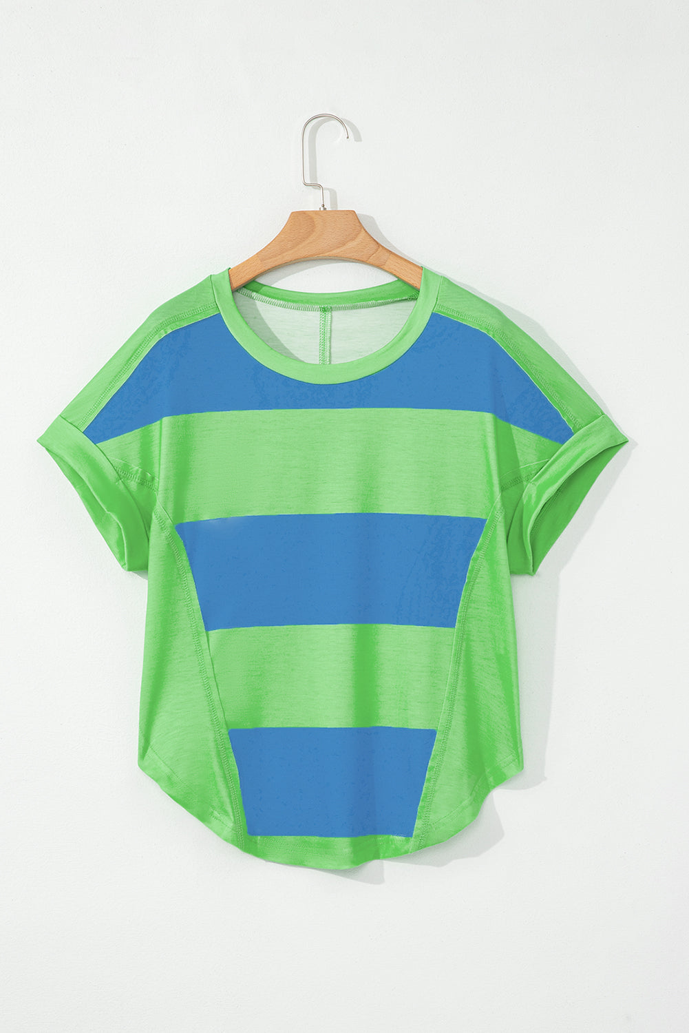 Blue Colorblock Rounded Hem Loose T Shirt